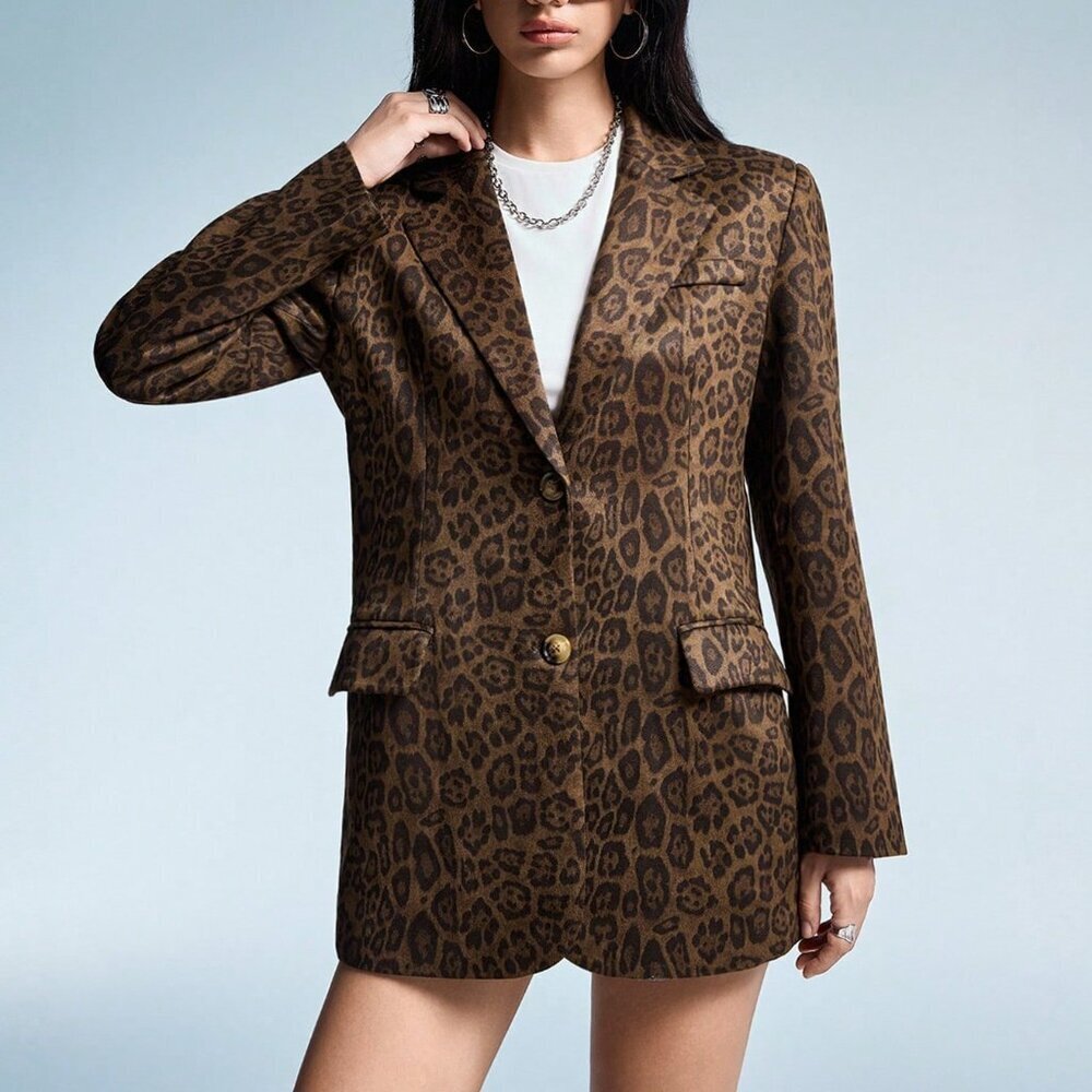 Multicolor Casual Women's Leopard Print Blazer Jacket - Picture 6 of 8